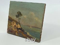 Huile Sur Panneau Bois Theme Marin Vue De Mer Rocher Inscription D91 B1066