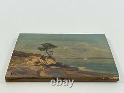 Huile Sur Panneau Bois Theme Marin Vue De Mer Rocher Inscription D91 B1066