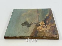 Huile Sur Panneau Bois Theme Marin Vue De Mer Rocher Inscription D91 B1066