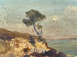 Huile Sur Panneau Bois Theme Marin Vue De Mer Rocher Inscription D91 B1066