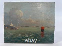 Huile Sur Panneau Bois Theme Marin XIX Eme Golfe Du Morbihan Inscription B1057
