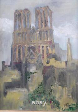 Huile Sur Toile Cathedrale De Reims Sous Les Bombes Cadre Ancien Bois Dore