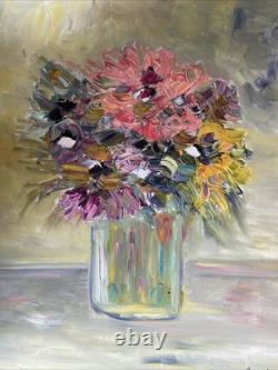 Huile Sur Toile Nature Morte Fleurs Encadrement Bois