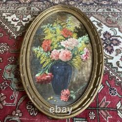 Huile Sur bois Mimosas et oillets vers 1900 signature à identifier BE Rare