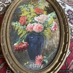 Huile Sur bois Mimosas et oillets vers 1900 signature à identifier BE Rare