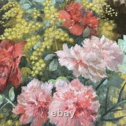 Huile Sur bois Mimosas et oillets vers 1900 signature à identifier BE Rare
