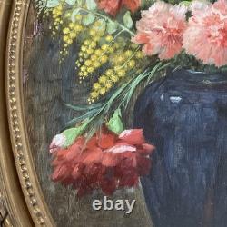 Huile Sur bois Mimosas et oillets vers 1900 signature à identifier BE Rare