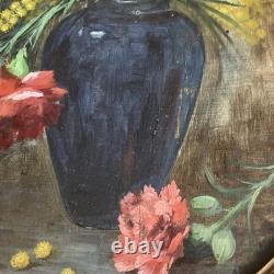Huile Sur bois Mimosas et oillets vers 1900 signature à identifier BE Rare