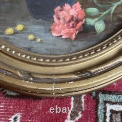 Huile Sur bois Mimosas et oillets vers 1900 signature à identifier BE Rare