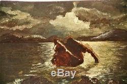 Huile-peinture-paysage-clair De Lune-mer-rochers-cote-xix Eme-clair Obscur