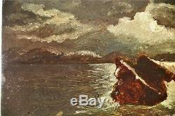 Huile-peinture-paysage-clair De Lune-mer-rochers-cote-xix Eme-clair Obscur