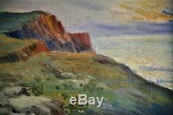Huile-peinture-tableau-paysage-falaise-mer-impressionniste-fin XIX E- Crepuscule