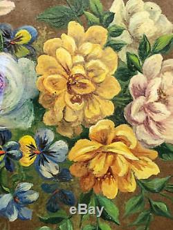 Huile sur Papier Bouquet de Fleurs Cadre Ovale Bois Doré Antique Painting Flower