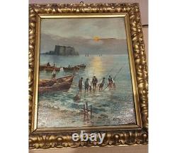 Huile sur Toile de Musumeci G. 1930 / 40 Pêcheurs vue sur le Castel dell'Ovo