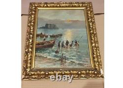Huile sur Toile de Musumeci G. 1930 / 40 Pêcheurs vue sur le Castel dell'Ovo