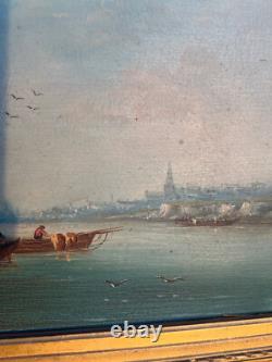 Huile-sur-bois Marine aux pêcheurs signé Godchaux