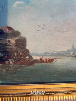Huile-sur-bois Marine aux pêcheurs signé Godchaux