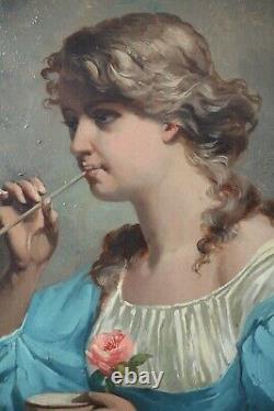 Huile sur bois, Portrait, Jeune fille aux bulles de savon et à la rose, Signé