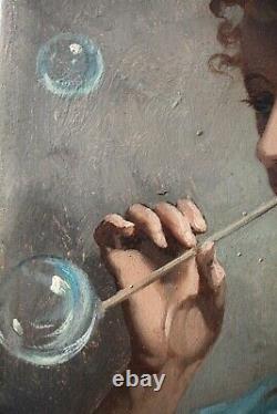 Huile sur bois, Portrait, Jeune fille aux bulles de savon et à la rose, Signé