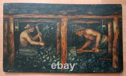 Huile sur bois Travail de la mine (années 30) Fortuné PIERREUSE 39,5 x 23 cm
