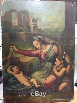 Huile sur bois XIXème Ecole italienne Enfant Jésus, Marie et Jean Baptiste