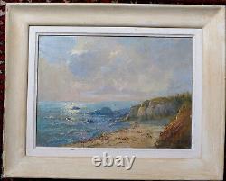 Huile sur bois encadrée Paysage marin à Pornichet par L. Cros 1948