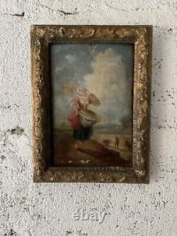 Huile sur bois la fermière à la gerbe de blé, dans le goût de Fragonnard XVIIIè