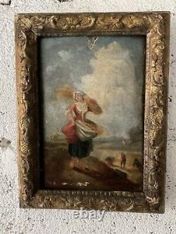 Huile sur bois la fermière à la gerbe de blé, dans le goût de Fragonnard XVIIIè