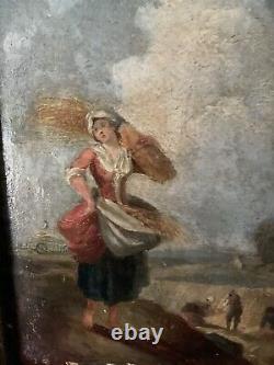 Huile sur bois la fermière à la gerbe de blé, dans le goût de Fragonnard XVIIIè