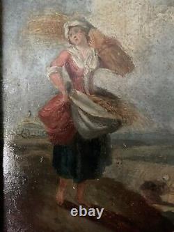Huile sur bois la fermière à la gerbe de blé, dans le goût de Fragonnard XVIIIè
