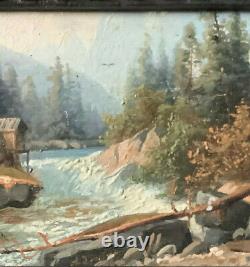 Huile sur bois panneau pêcheur torrent Suisse Autriche Allemagne peinture