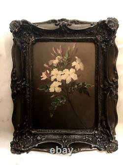 Huile sur carton au bouquet de jasmin. Cadre Napoléon III en bois et stuc noirci