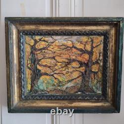 Huile sur isorel A KARABEKIAN Paysage de sous bois cadre bois doré daté 2001
