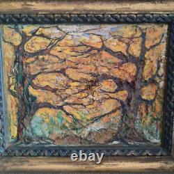 Huile sur isorel A KARABEKIAN Paysage de sous bois cadre bois doré daté 2001