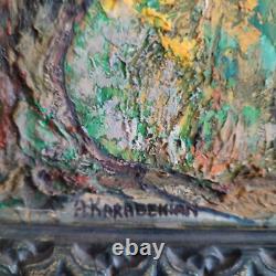 Huile sur isorel A KARABEKIAN Paysage de sous bois cadre bois doré daté 2001