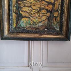 Huile sur isorel A KARABEKIAN Paysage de sous bois cadre bois doré daté 2001