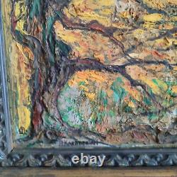 Huile sur isorel A KARABEKIAN Paysage de sous bois cadre bois doré daté 2001