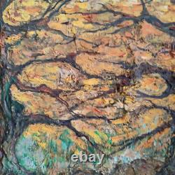 Huile sur isorel A KARABEKIAN Paysage de sous bois cadre bois doré daté 2001