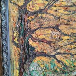 Huile sur isorel A KARABEKIAN Paysage de sous bois cadre bois doré daté 2001