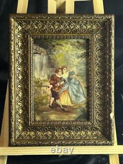 Huile sur panneau XIXe scène galante XVIIIe + cadre bois et stuc doré ancien