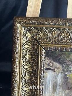 Huile sur panneau XIXe scène galante XVIIIe + cadre bois et stuc doré ancien