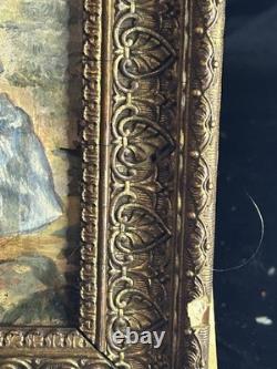 Huile sur panneau XIXe scène galante XVIIIe + cadre bois et stuc doré ancien