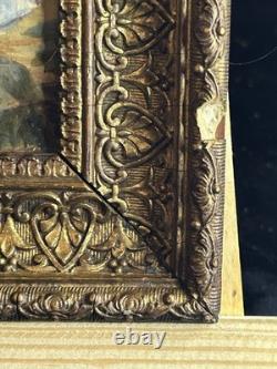 Huile sur panneau XIXe scène galante XVIIIe + cadre bois et stuc doré ancien