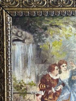 Huile sur panneau XIXe scène galante XVIIIe + cadre bois et stuc doré ancien