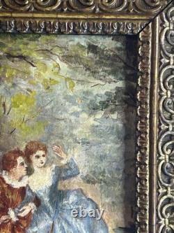 Huile sur panneau XIXe scène galante XVIIIe + cadre bois et stuc doré ancien