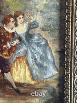 Huile sur panneau XIXe scène galante XVIIIe + cadre bois et stuc doré ancien