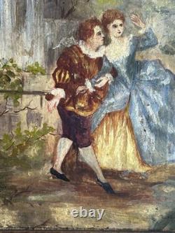 Huile sur panneau XIXe scène galante XVIIIe + cadre bois et stuc doré ancien