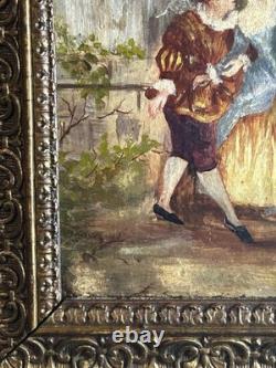 Huile sur panneau XIXe scène galante XVIIIe + cadre bois et stuc doré ancien
