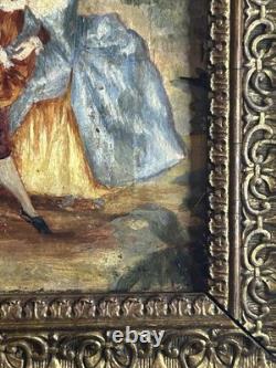 Huile sur panneau XIXe scène galante XVIIIe + cadre bois et stuc doré ancien