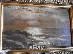 Huile sur panneau bois fin XIXème Marine & ciel nuageux Cadre abîmé